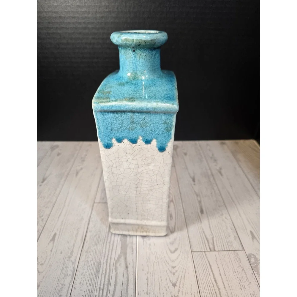 *Vintage Studio Pottery Vase Turquoise Drip Glaze White Crackle Square Modernist